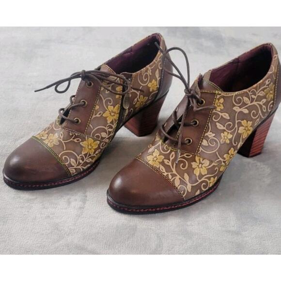 L'ARTISTE SPRING STEP OXFORD Lace Up EUR 41 Brown leather Floral Heel Shoes Zip - Picture 2 of 11